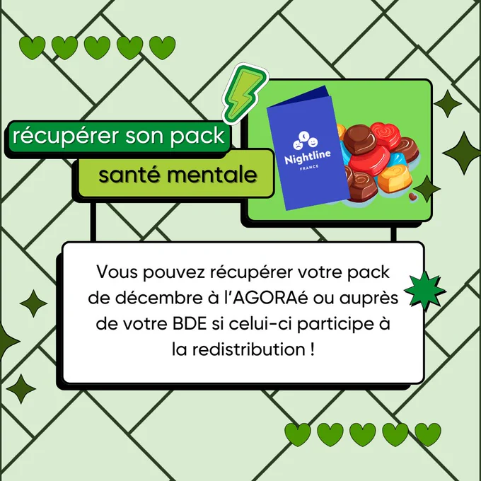 Comment récupérer son pack ? 
Vous pouvez récupérer votre pack de décembre à l'AGORAé ou auprès de votre BDE si celui-ci participe à la redistribution ! 