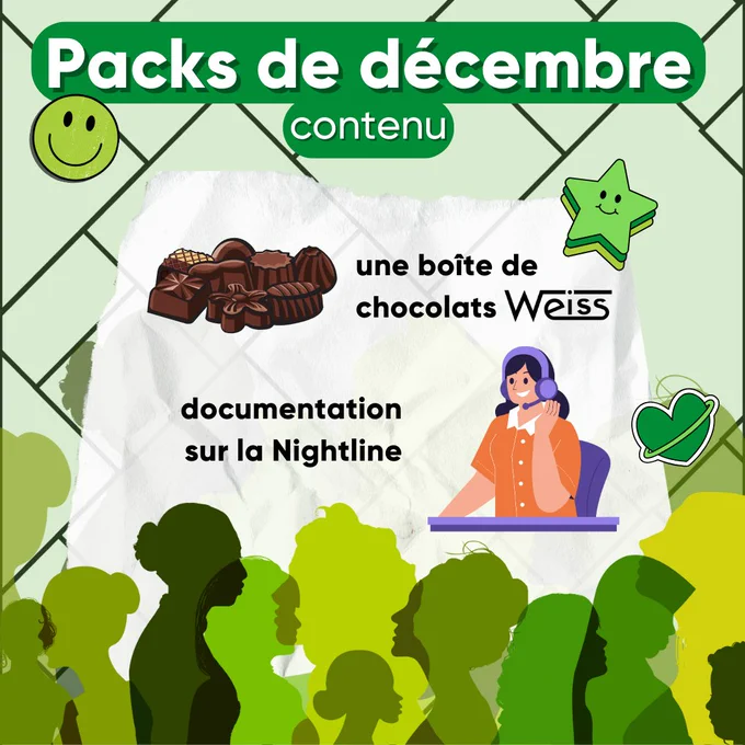 Le contenu des packs de décembre : 
- une boîte de chocolats de la marque Weiss
- de la documentation sur le dispositif Nightline