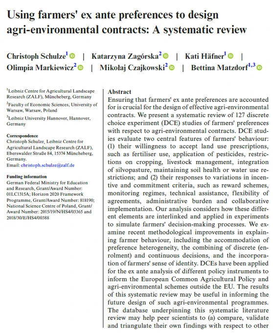 Screenshot of the article "Using farmers' ex ante preferences to design agri-environmental contracts: a systematic review"