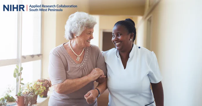 NIHR Applied Research Collaboration South West Peninsula

Visual description: Portrait of smiling home caregiver and senior woman walking together through a corridor. A healthcare worker taking care of elderly woman.