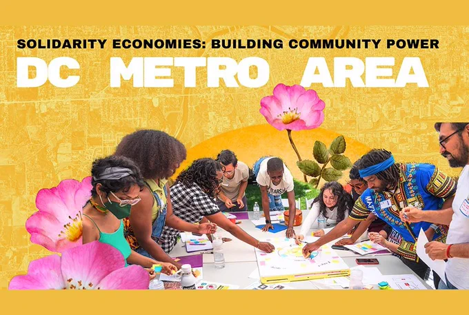 A composition of Cooperative worker-owners participating in a workshop on democratic decision-making. against a yellow map of Wahsington DC with pink flowers.