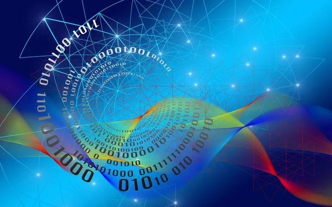 fractal made of binary code with a primary-colored background with lines