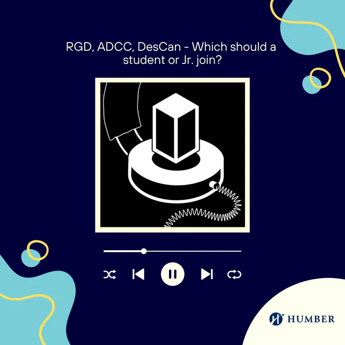 An image of the cover for the podcast "Whiteboard" - a black and white graphic of a headset with the cube on top. The cover has a white shadow and the background is a light blue colour with navy-blue squiggly graphics outlined by a yellow line. At the top of the image is a white text that reads "RGD, ADCC, DesCan - Which should a 
student or Jr. join?". On the bottom right is the Humber logo on a white circle.