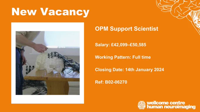 Picture describing the details of a job vacancy. The background is orange with white writing. Vacancy Title: OPM Support Scientist. Salary: £42,099–£50,585. Working Pattern: Full time. Closing Date: 14th January 2024. Ref Number: B02-06270.