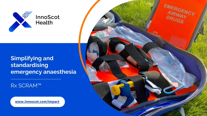 An RX SCRAM™ Bag pictured on the grass, alongside the text - "Simplifying and standardising emergency anaesthesia"