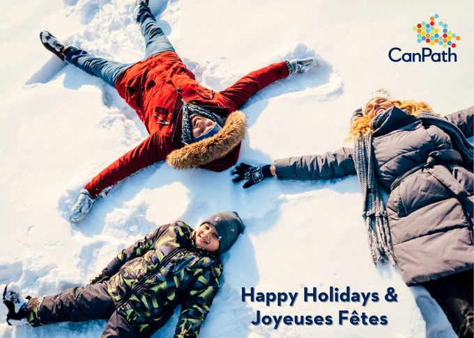 Happy Holidays & Joyeuses Fêtes: featuring two adults and a child making snow angels.