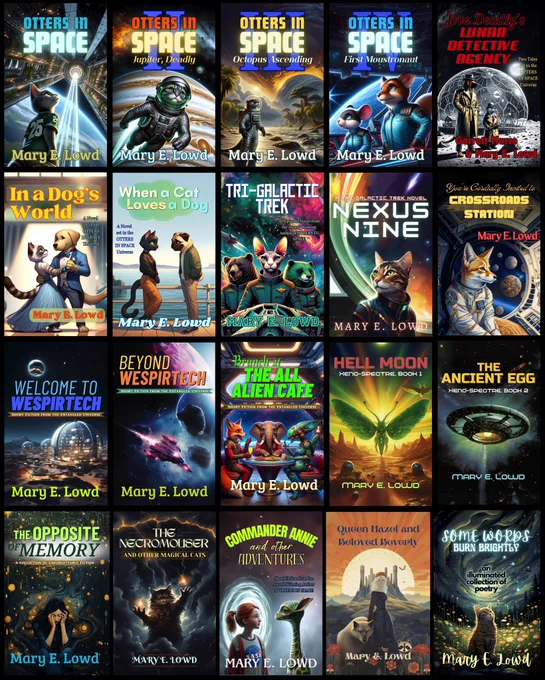 A grid showing book covers for 20 books by Mary E. Lowd.