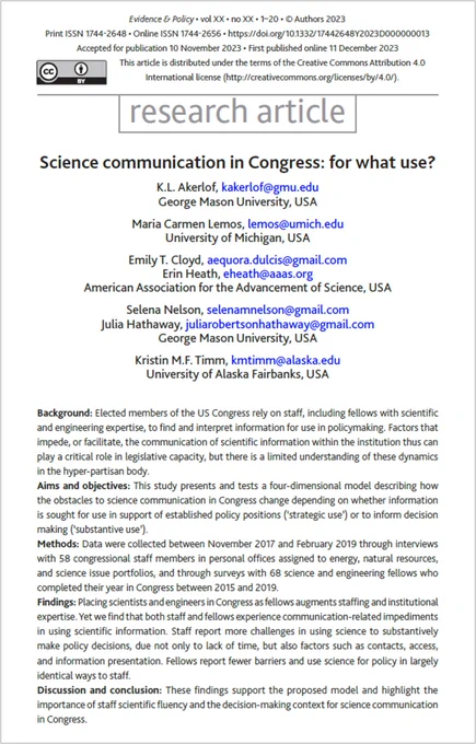 Title, authors’ names, and abstract from a paper about science communication in the US Congress. Text: Science communication in Congress: for what use?
