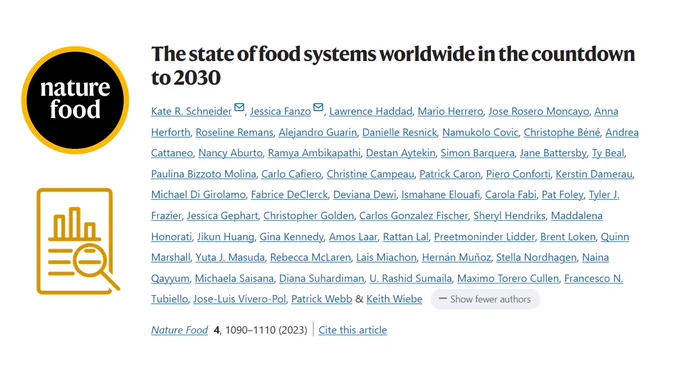 Scientific article "The state of food systems worldwide in the countdown to 2030", image of the title and names of the authors.