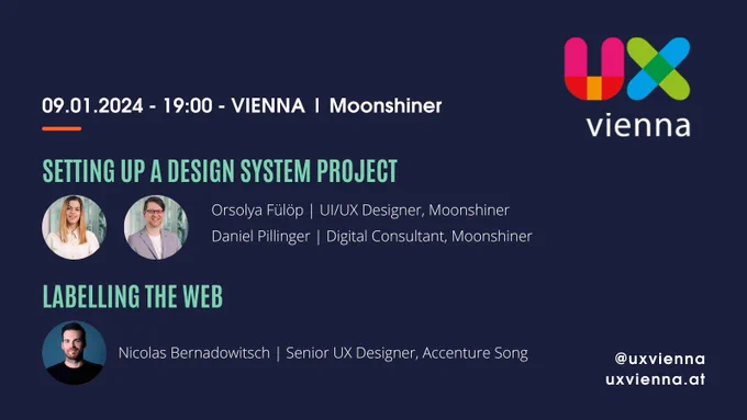 Poster announcing the 229th UX Vienna Meetup on 09.01.2024 with talks on "Setting up a Design System" by Orsolya Fülöp and Daniel Pillinger and "Labelling the Web" by Nic Bernadowitsch