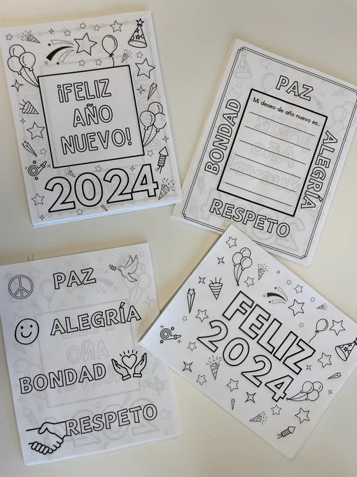 4 different coloring pages of “Feliz Año Nuevo 2024