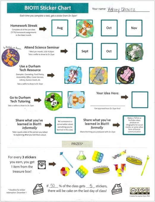 photo of one student's completed sticker chart