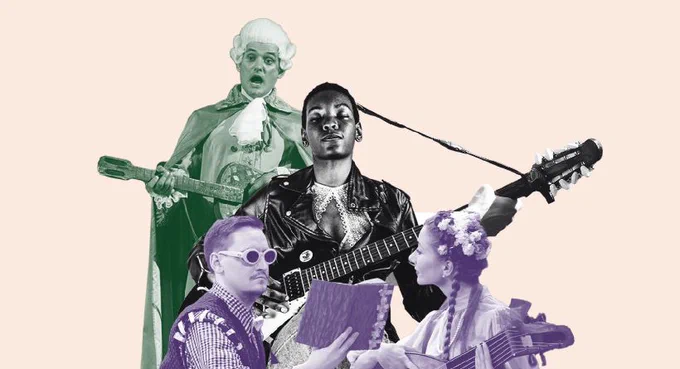 Images shows photo montage of four actor-musicians