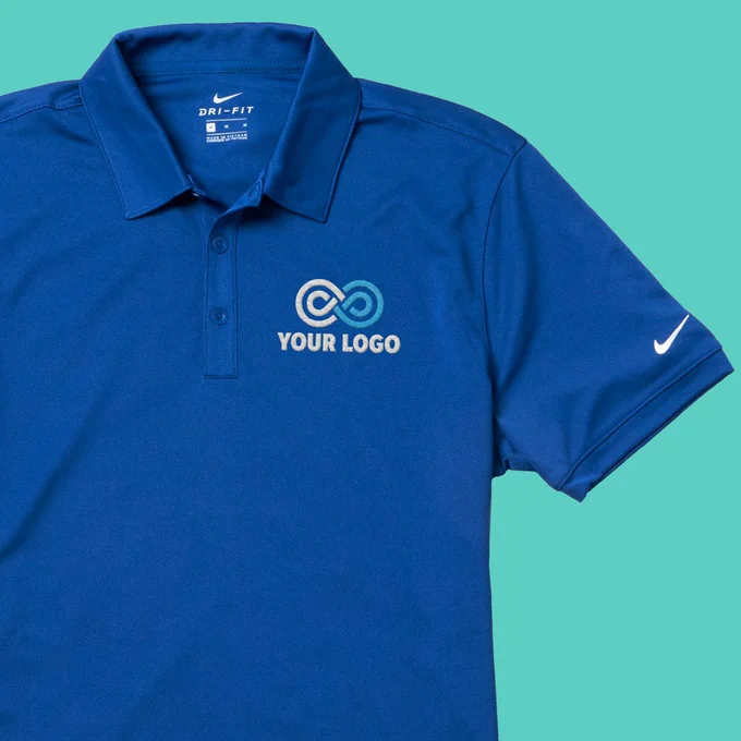 Nike polo shirt with embroidered design on left chest and text Your Logo.