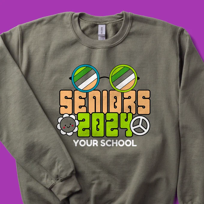 Sweatshirt laydown with 1960s-inspired hippie design. Text reads "Seniors 2024. Your school."