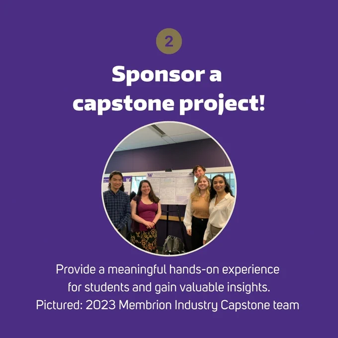 Sponsor a capstone project!
Provide a meaningful hands-on experience for students and gain valuable insights. Learn about the 2023 Membrion industry capstone team and the applicable research facilitated through a longstanding alumni collaboration.  
