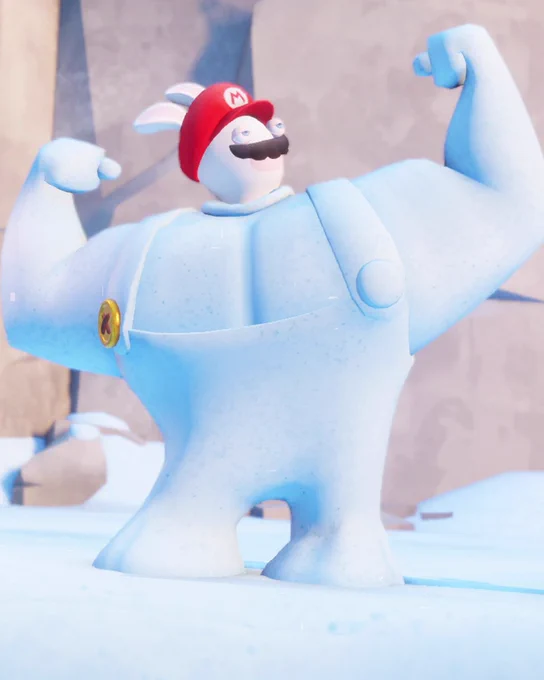 Rabbid Mario sticking himself in a tall and muscular snow creation.