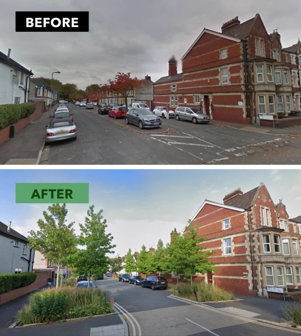 Before and after of Grangetown SuDS scheme in Cardiff