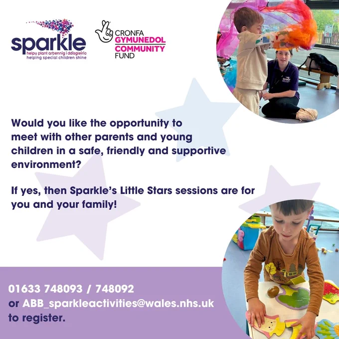 Text reads: Would you like the opportunity to meet with other parents and young people in a safe, friendly and supportive environment? If yes, then Sparkle's Little Stars sessions are for you and your family! Please contact 01633 748093 or ABB_sparkleactivities@wales.nhs.uk'.