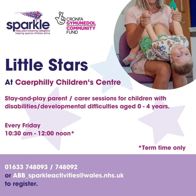 Text reads: 'Would you like the opportunity to meet with other parents and young children in a safe, friendly and supportive environment? If yes, then Sparkle's Little Stars sessions are for you and your family! £6 per family - spaces bookable only...'