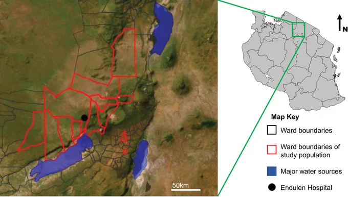 Fig 1. Location of Endulen Hospital and administrative wards that study participants presented from, Arusha Region, Tanzania.
Map showing the administrative wards of the Ngorongoro, Karatu and Meatu districts in northern Tanzania (polygons) and location of Endulen hospital (black dot). Administrative boundary shapefile sourced from the Tanzania National Bureau of Statistics, https://www.nbs.go.tz/index.php/en/census-surveys/population-and-housing-census/172-2012-phc-shapefiles-level-one-and-two [43]. Map image is the intellectual property of Esri and is used herein under license. Copyright 2020 Esri and its licensors. All rights reserved. Maps drawn using R [23], and Quantum Geographic Information System (QGIS) open access software [44]. Shapefiles were obtained from Tanzania National Bureau of Statistics [43]. 