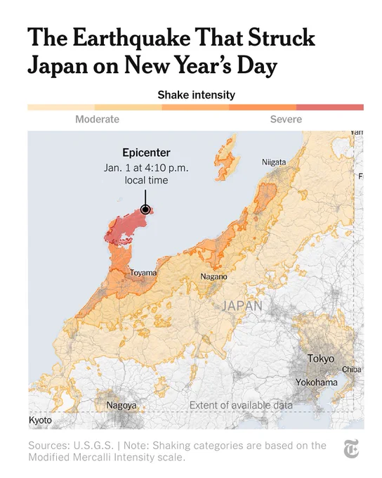 A map with the headline, “The Earthquake That Struck Japan on New Year’s Day,” shows where the epicenter of the earthquake was and the shake intensity for surrounding areas. 