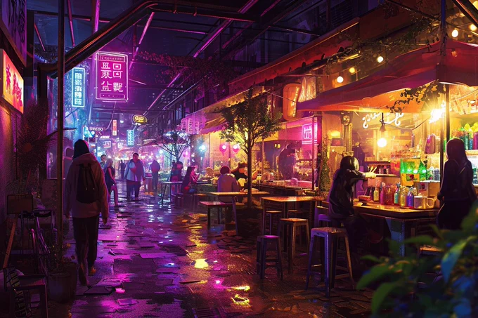 A bustling night market in HoloGraffiti style, with market gold and neon violet holographic street art elements --style raw --ar 3:2 --v 6.0