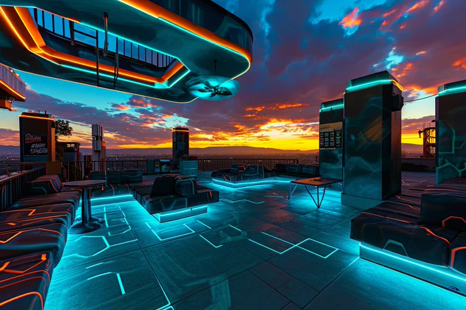 A rooftop hangout spot in HoloGraffiti style, with skyline blue and sunset orange holographic street art elements --style raw --ar 3:2 --v 6.0 