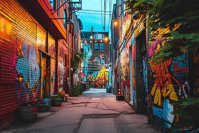 A vibrant alleyway filled with art in HoloGraffiti style, with brick red and mural yellow holographic street art elements --style raw --ar 3:2 --v 6.0