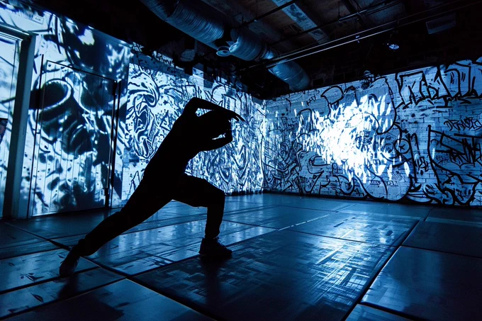 A street dancer's performance space in HoloGraffiti style, with dance floor black and spotlight white holographic street art elements --style raw --ar 3:2 --v 6.0
