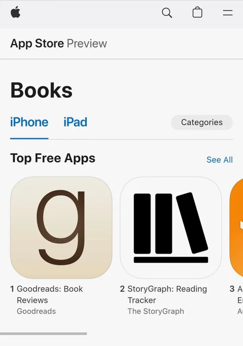 Screenshot from the US Apple App Store showing StoryGraph as the number 2 Top Free Book App, behind Goodreads.