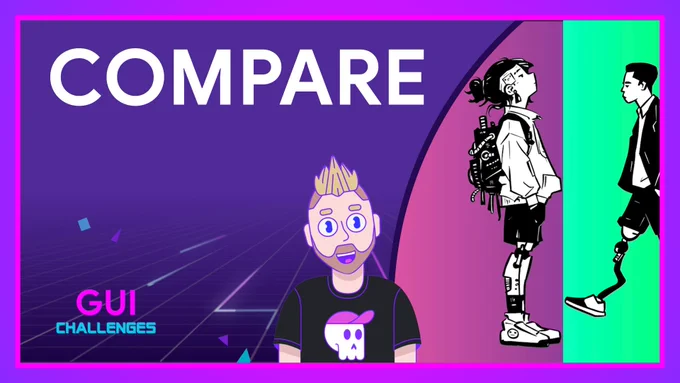 “Compare” is written across the top with two animated people facing each other on the right side. GUI Challenges is written in the bottom left corner with an animated version of the host, Adam, next to it.
