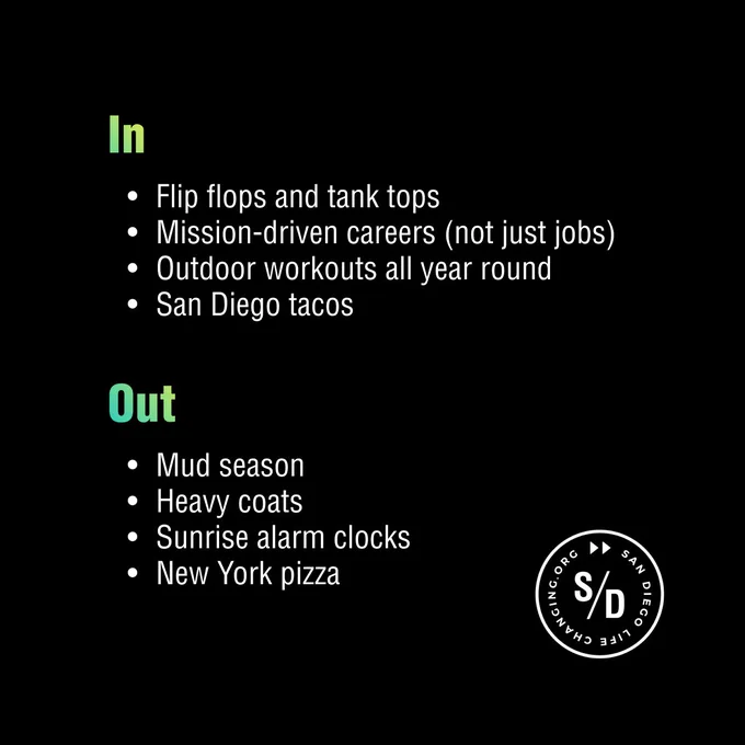In: 
- Flip flops and tank tops
- Mission-driven careers (not just jobs)
- Outdoor workouts all year round
- San Diego tacos

Out
- Mud season
- Heavy coats
- Sunrise alarm clocks
- New York pizza