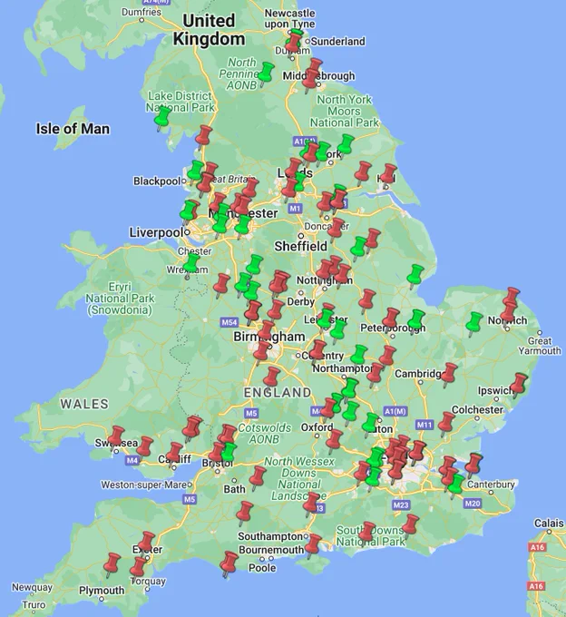 Two-thirds of prisons in England and Wales are overcrowded.   

This has been visualised by Peter C. Bell who has built and maintains an interactive map showing overcrowding data. Each red pin on the map denotes a prison that is overcrowded.  
