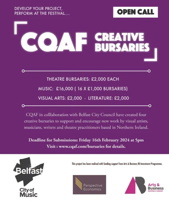 Open Call for CQAF Creative Bursaries. Purple background with white text.