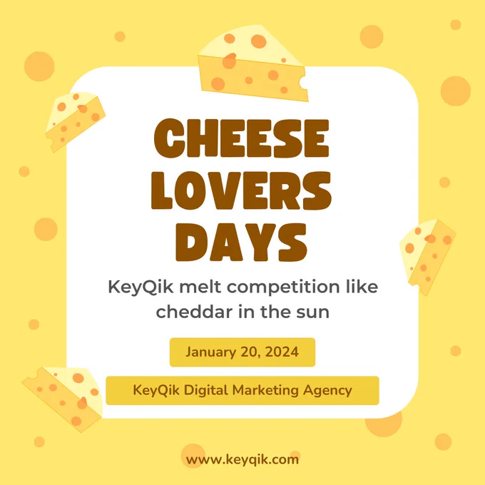 Don't say "Swiss miss" on growth. Get cheesy with our agency! 🧀
Never miss a chance and grab your leads with KeyQik Digital Marketing Agency. ✅
 #digitalmarketing #chesseday🧀 #chesse #chessecake #instagram #FacebookPage #growthagency 