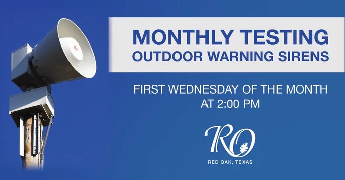 Image of siren with text: Monthly Siren testing outdoor warning sirens.
