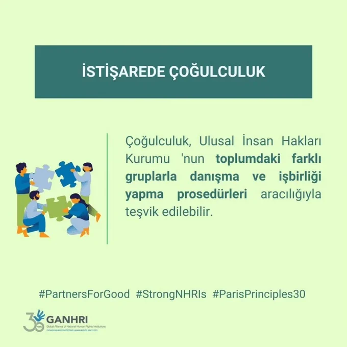 Çoğulculuk, Ulusal İnsan Hakları Kurumu 'nun toplumdaki farklı gruplarla danışma ve işbirliği yapma prosedürleri aracılığıyla teşvik edilebilir.