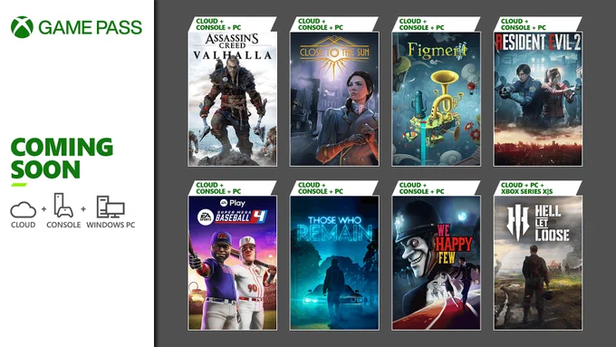 Assassin's Creed Valhalla, Close to the Sun, Figment, Resident Evil 2, Super Mega Baseball 4, Those Who Remain, We Happy Few, and Hell Let Loose are coming soon to Xbox Game Pass.