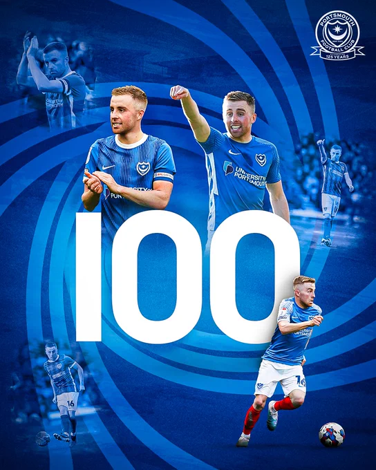A graphic to mark Joe Morrell's 100th Pompey appearance. It features the number '100', with various pictures surrounding it.