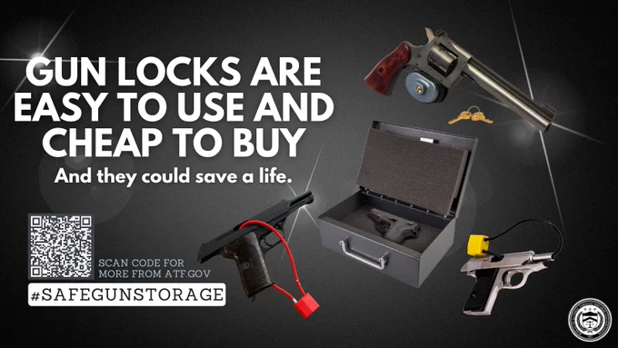Stock images of guns with locks and a lockbox. Text reads: Gun locks are easy to use and cheap to buy. And they could save a life. #SafeGunStorage