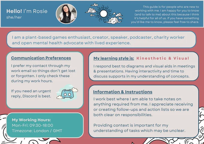 A landscape image with several text boxes with different info that ALT text won't allow me to fill in completely:

This guide is for people who are new to working with me. I am happy for you to know (and to talk to me) about this because I think it’s helpful for all of us. If you have something you’d like me to know, please feel free to share.

I am a plant-based games enthusiast, creator, speaker, podcaster, charity worker and open mental health advocate with lived experience.

Communication Preferences, My Working Hours, Information & Instructions are all titles.

I respond best to diagrams and visual aids in meetings & presentations. Having interactivity and time to discuss supports in my understanding of concepts
