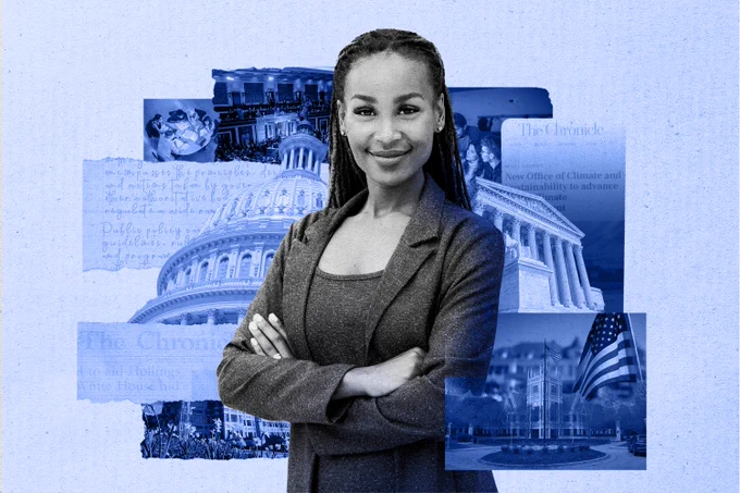 Black and white image of woman, arms crossed. Images in background include Capitol building.
