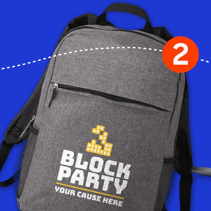 Backpack with the block design and text "Block Party: Your Cause Here".