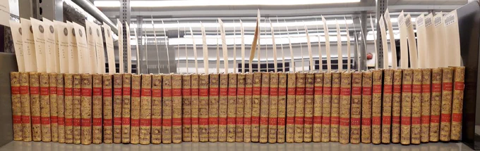 Color image. Panorama view of volumes 39 through 86 of the book, "The poets of Great Britain complete from Chaucer to Churchill ..." edited by John Bell, published between 1777 and 1787