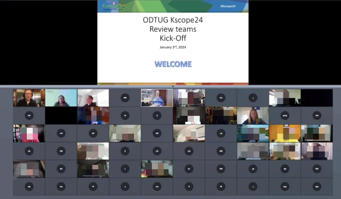 Screenshot of ODTUG Kscope24 content kickoff GoTo Meeting showing many attendees