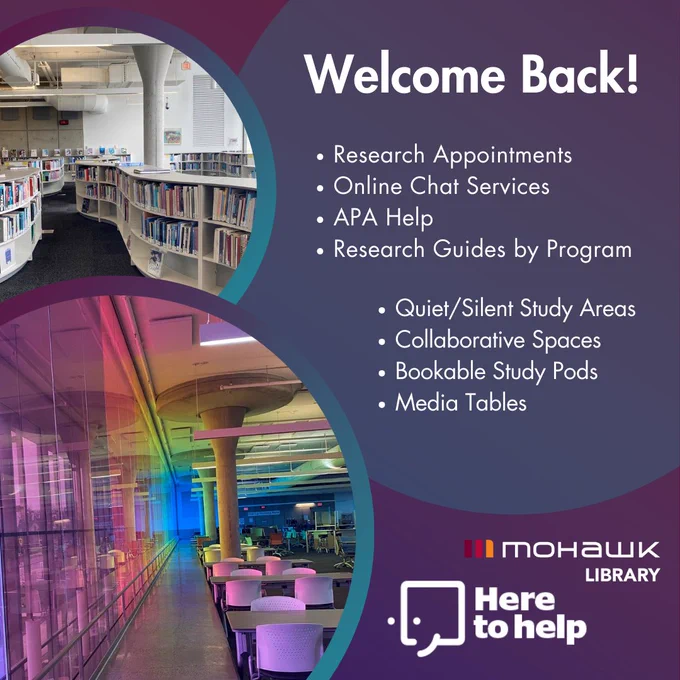 Welcome back! Research appointments, online chat services, APA help, research guides by program, quiet/silent study areas, collaborative spaces, bookable study pods, media tables. Here to help. Mohawk College 