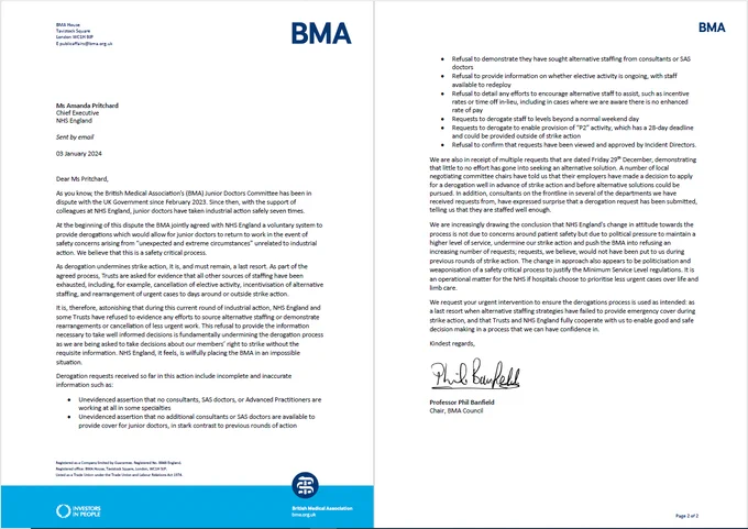 A screenshot of the letter from BMA chair Phil Banfield to Amanda Pritchard dated 3 January 2024.