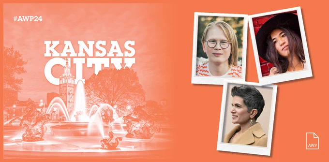 Headshots of Meredith Talusan, Kai Cheng Thom, and Maya Shanbhag Lang against the Mill Creek Park fountain with an orange overlay and #AWP24 in Kansas City branding