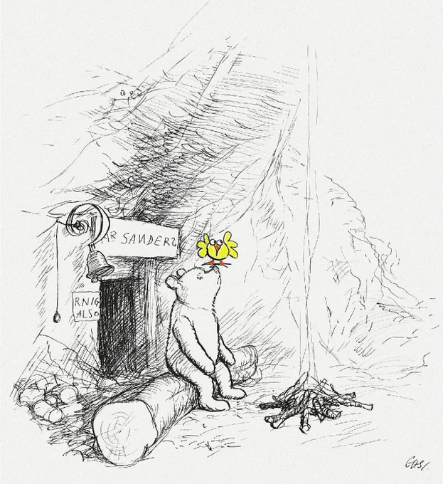 picture of pooh sitting on a log with a doodle bird perched on his nose